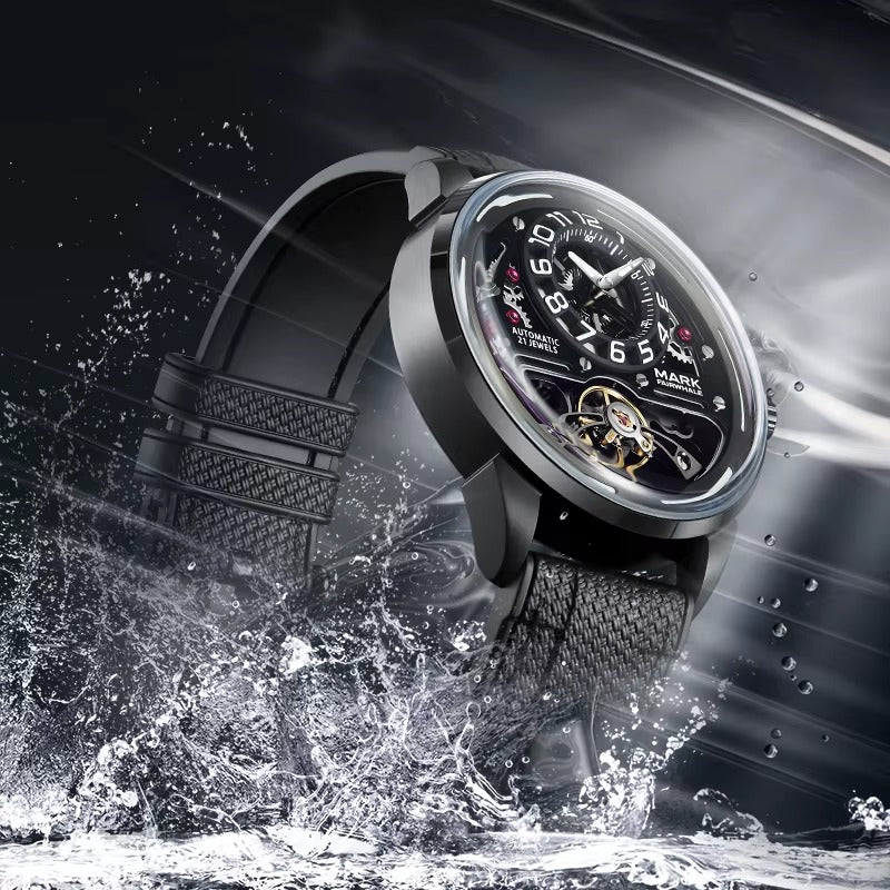 Motorsport-inspired luxury automatic watch with visible movement, black dial, water splash effect