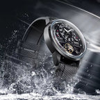 Motorsport-inspired luxury automatic watch with visible movement, black dial, water splash effect