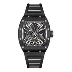 Motorsport-inspired luxury watch with skeleton dial, tonneau black case, and bold detailing