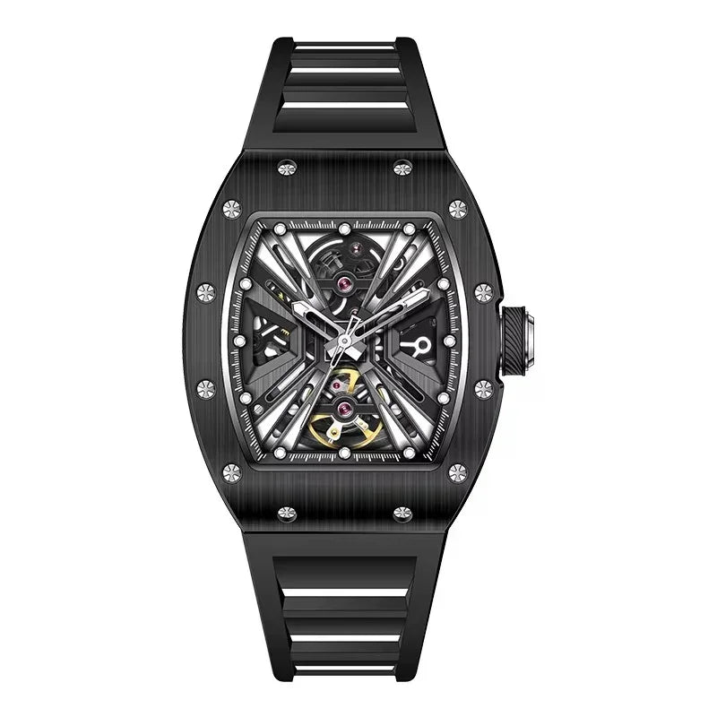 Motorsport-inspired luxury watch with skeleton dial, tonneau black case, and bold detailing