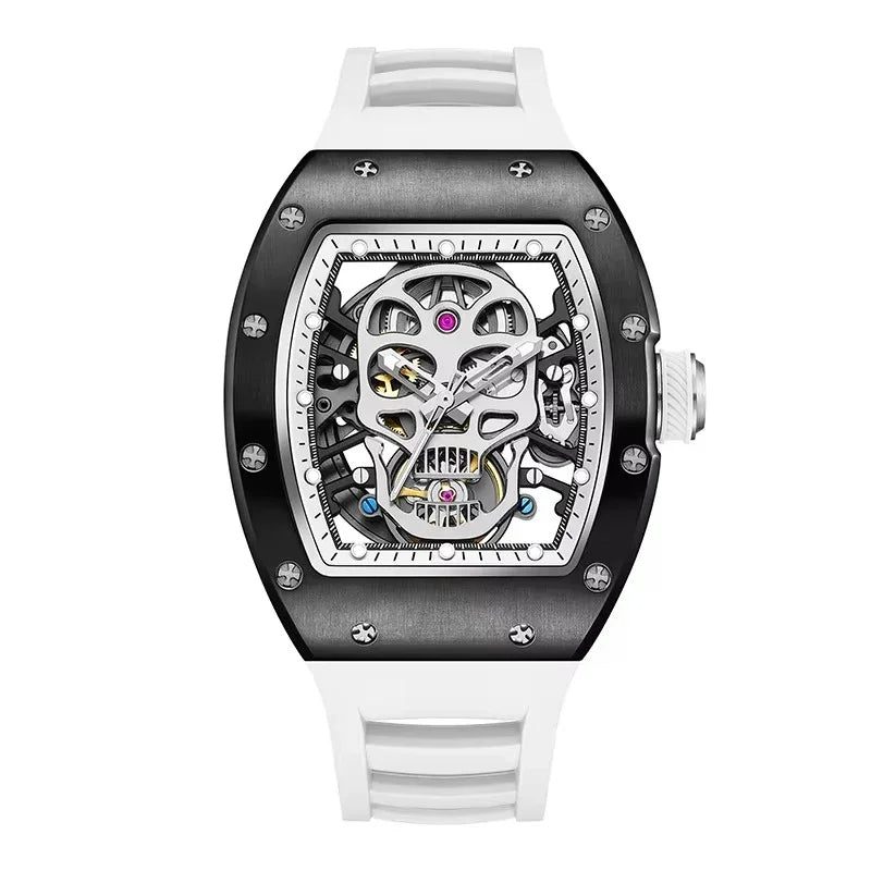 Luxury skeleton dial watch with skull design, black bezel, and white strap, motorsport-inspired