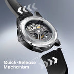Luxury automatic watch with exposed mechanical movement and quick-release strap mechanism