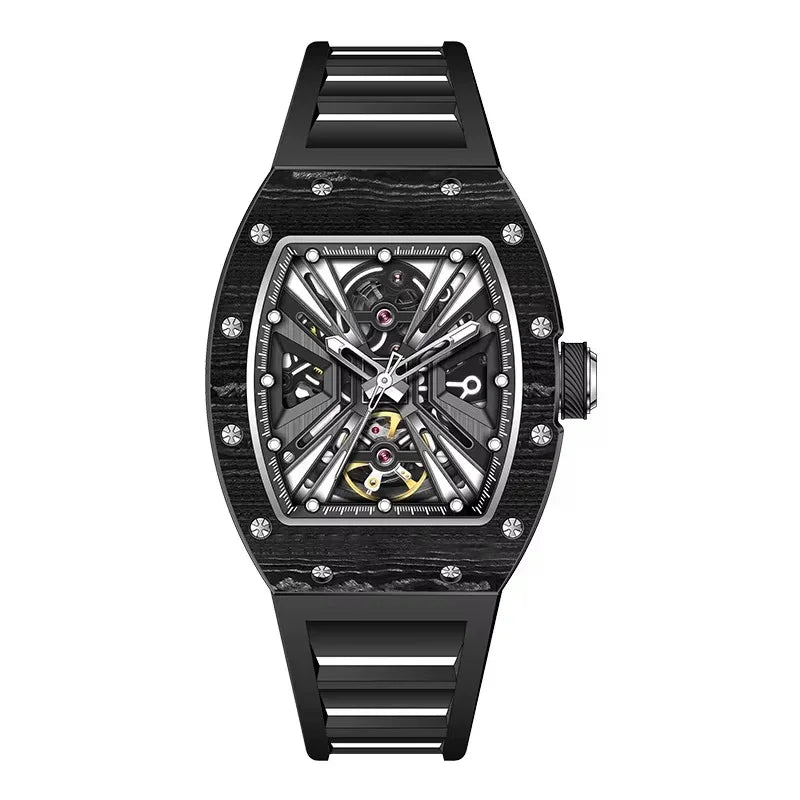Luxury tonneau-shaped skeleton watch with black carbon fiber case, open dial, and sporty strap