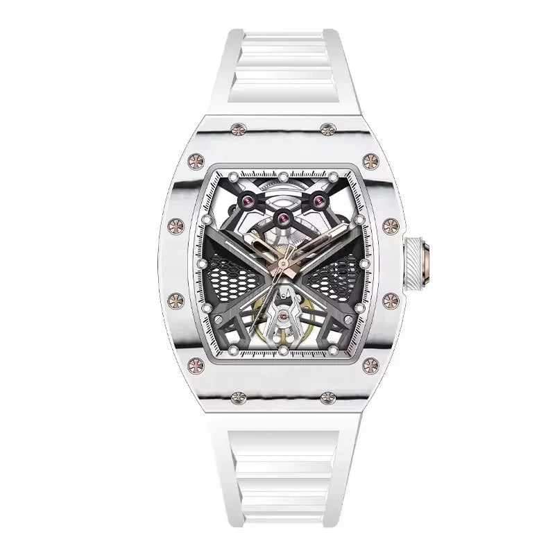 Luxury European-inspired skeleton watch with silver case, exposed mechanics, and bold sport style