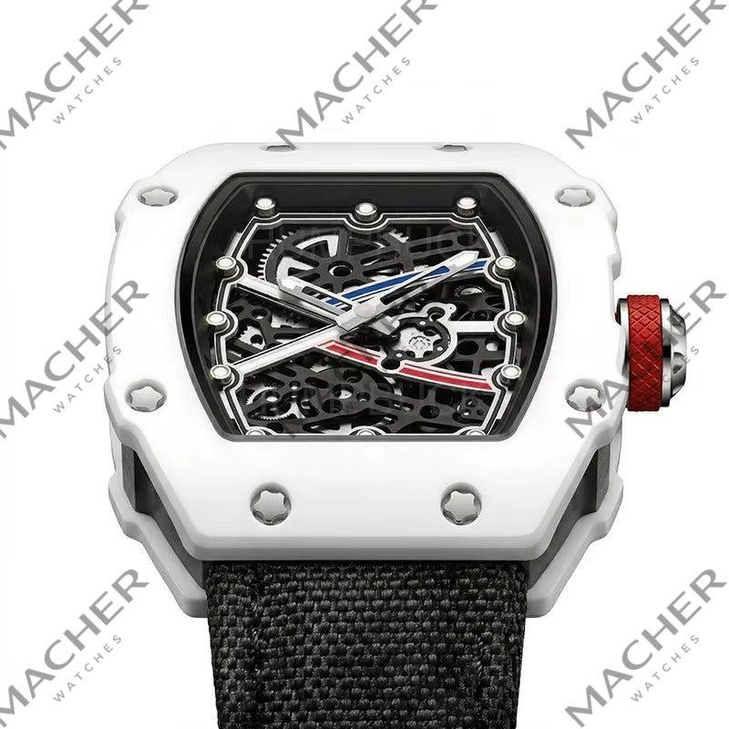 White skeleton dial watch with red crown, carbon fiber case, motorsport-inspired design, bold luxury style