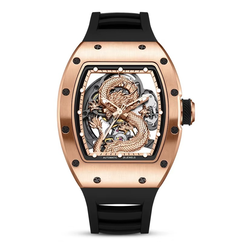 Rose gold tonneau-shaped luxury watch with intricate dragon dial, black rubber strap, skeleton movement