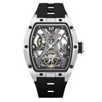 Skeleton automatic sport-luxury watch with tonneau case, black strap, exposed gears