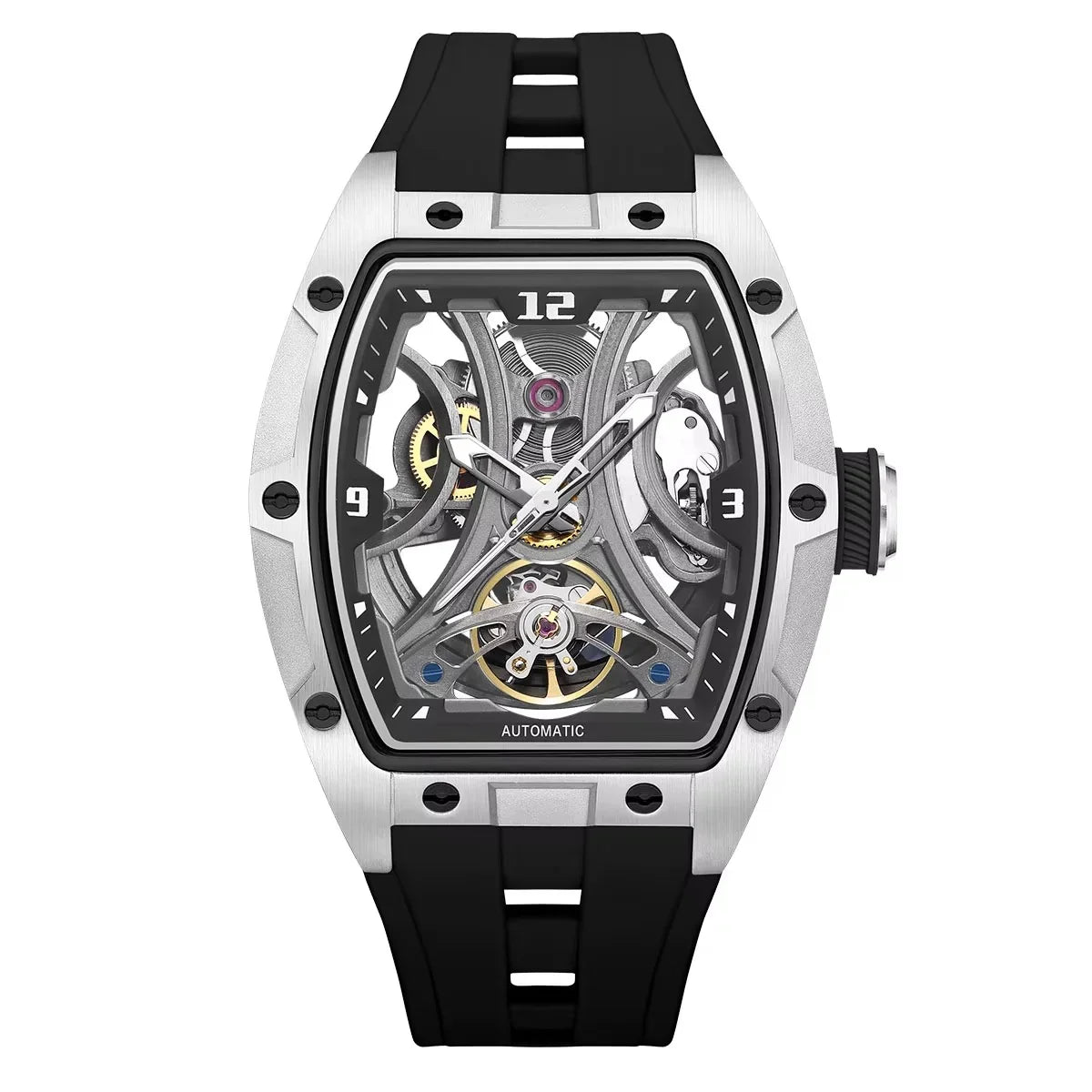 Skeleton automatic sport-luxury watch with tonneau case, black strap, exposed gears