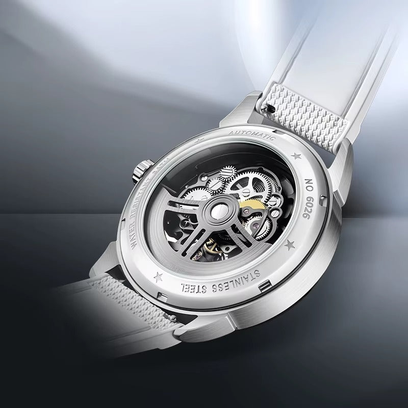 Automatic luxury watch with visible mechanical movement, stainless steel case, racing-inspired design