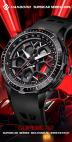 Motorsport-inspired mechanical wristwatch with skeleton dial, black case, and bold supercar design elements, set against a red sports car background.