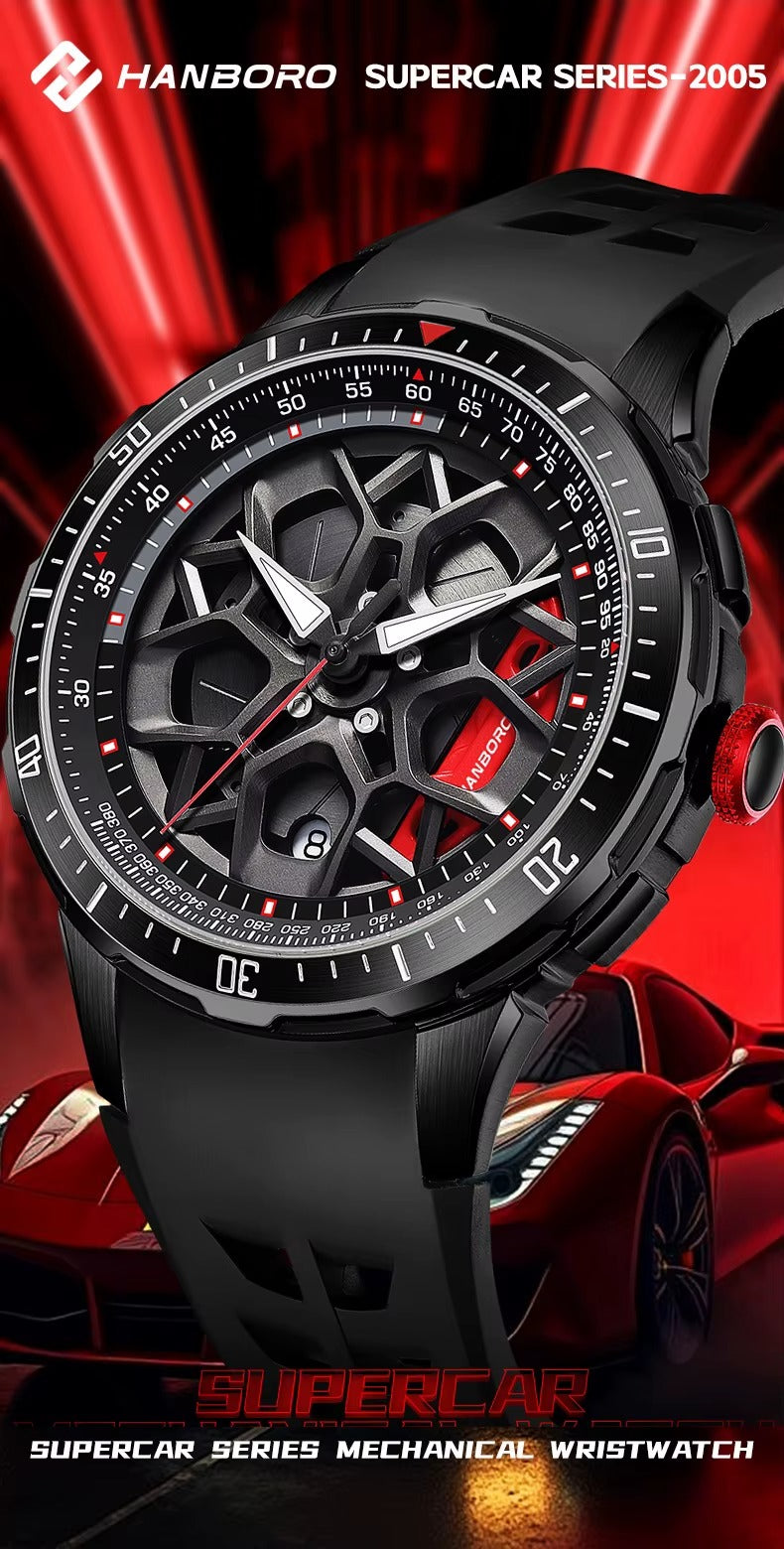 Motorsport-inspired mechanical wristwatch with skeleton dial, black case, and bold supercar design elements, set against a red sports car background.