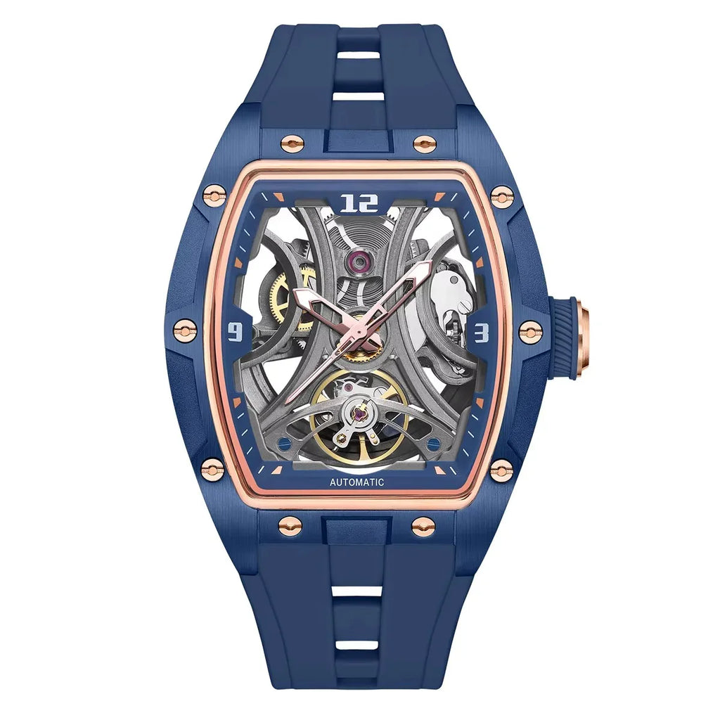 Blue tonneau-shaped skeleton automatic watch with visible movement, gold accents, sporty luxury style