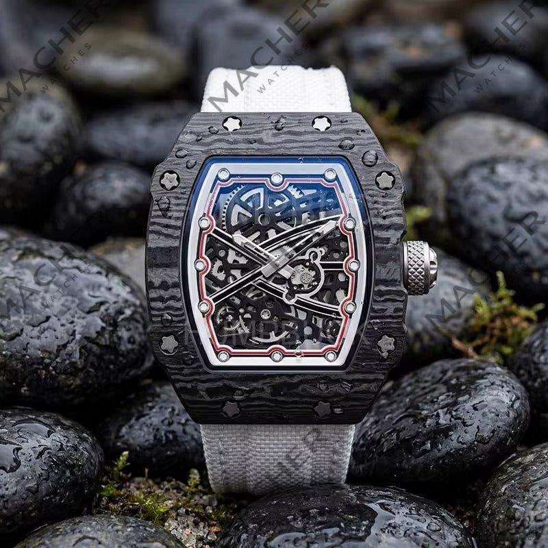 Carbon fiber skeleton watch with bold motorsport design, inspired by luxury chronographs, on wet stones