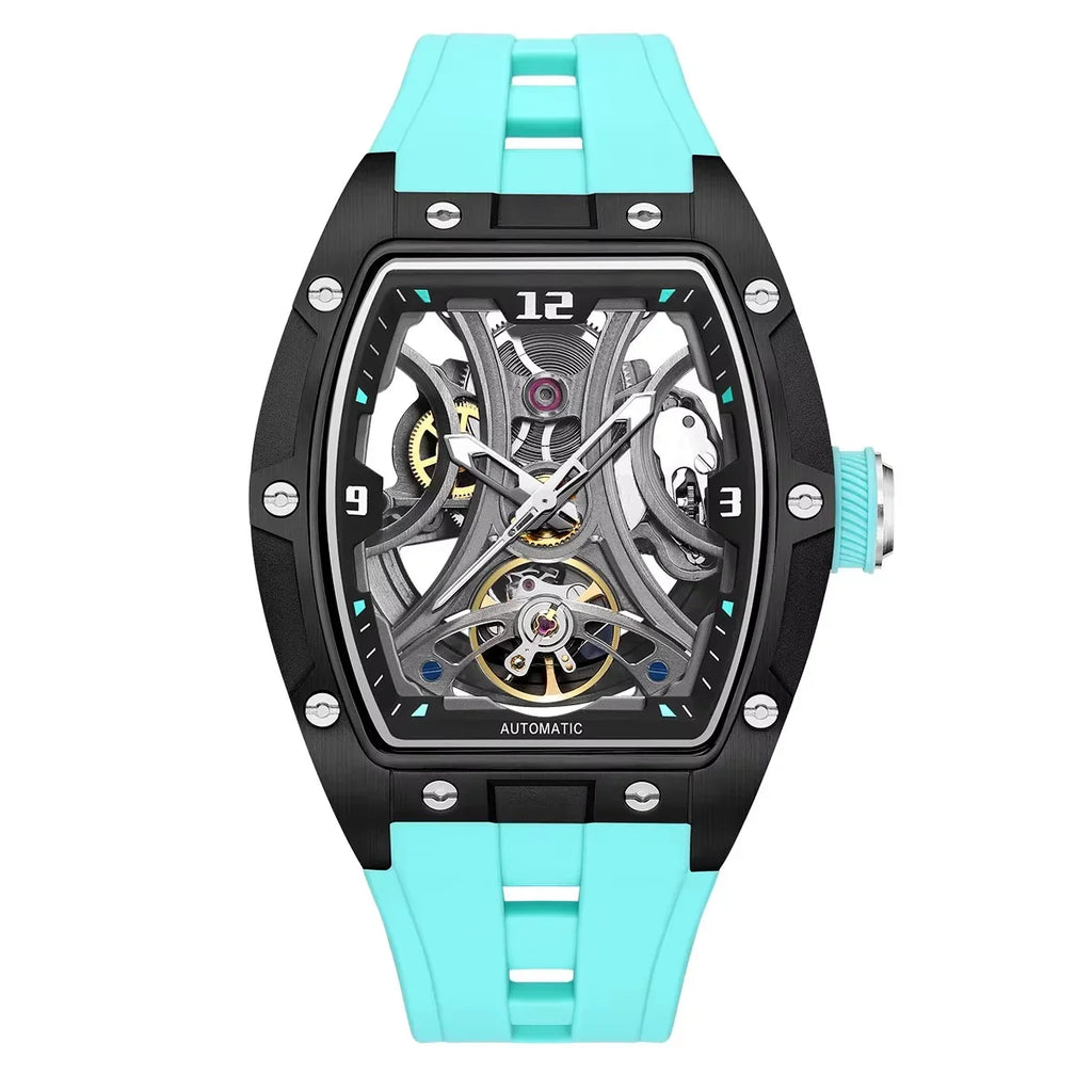 Skeleton dial sport-luxury automatic watch with black tonneau case and turquoise strap