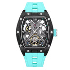 Skeleton dial sport-luxury automatic watch with black tonneau case and turquoise strap