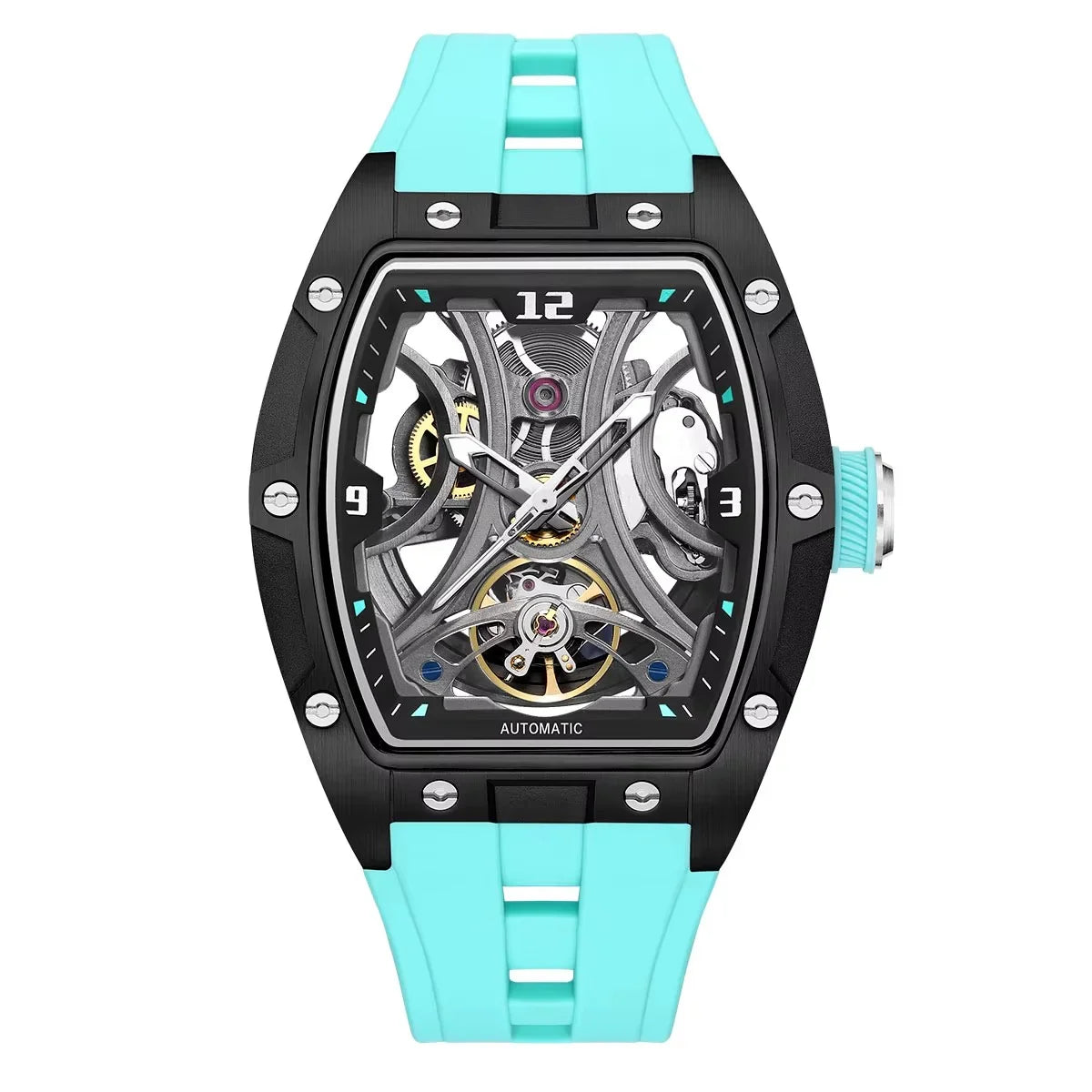 Skeleton dial sport-luxury automatic watch with black tonneau case and turquoise strap