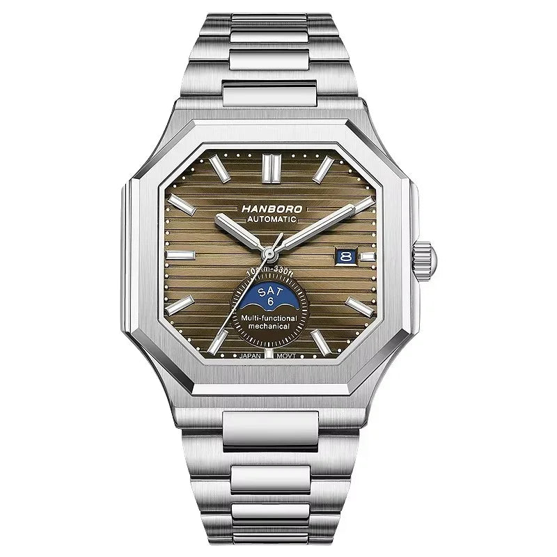 Octagonal stainless steel sport-luxury watch with brown dial, date and day subdial, racing-inspired design