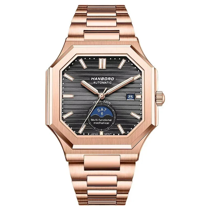 Rose gold automatic luxury watch with octagonal case, black dial, day-date, and chronograph subdial