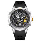 Motorsport-inspired skeleton dial watch with black strap, silver bezel, and yellow accents
