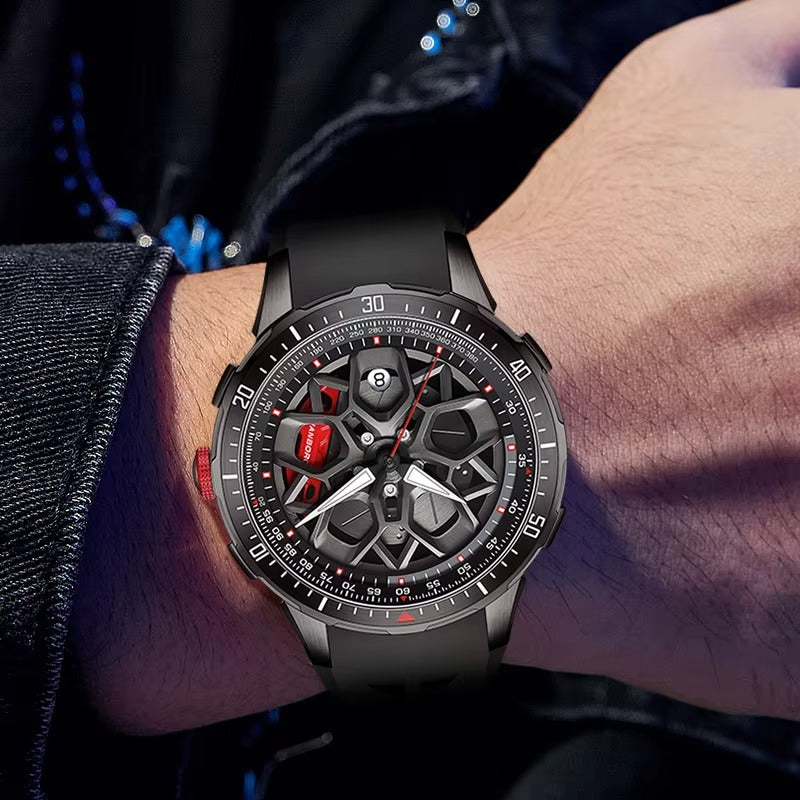 Luxury motorsport-inspired skeleton watch with bold black and red design on wrist