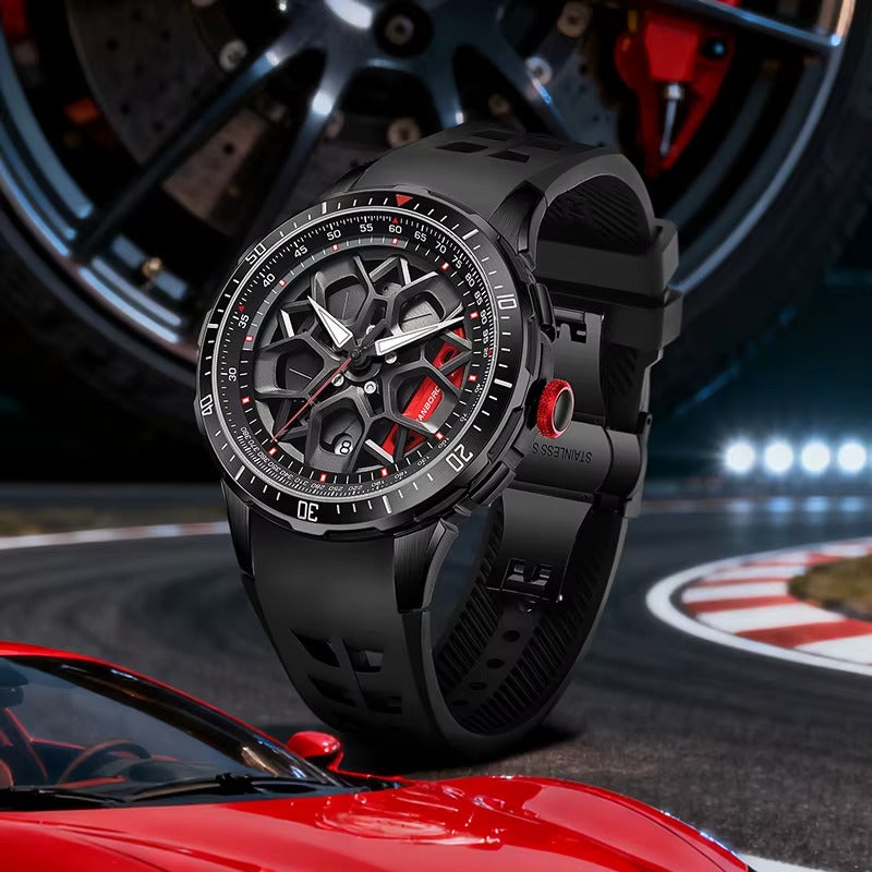 Motorsport-inspired black skeleton watch with red accents, racing car and track background