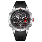 Motorsport-inspired luxury watch with skeleton dial, black rubber strap, and bold red accents