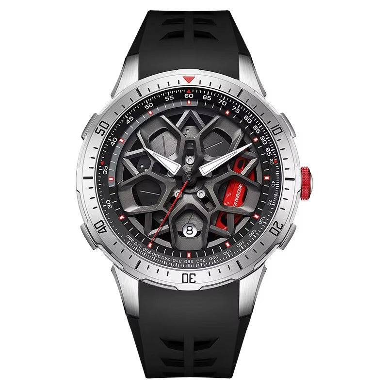 Motorsport-inspired luxury watch with skeleton dial, black rubber strap, and bold red accents