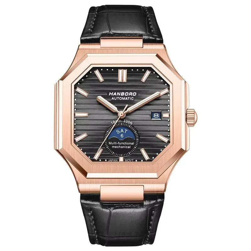 Rose gold octagonal automatic watch with black dial, subdial, date window, and black leather strap