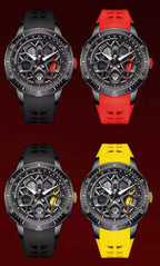 Four motorsport-inspired sport-luxury watches with skeleton dials and black, red, or yellow straps.