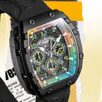 Motorsport-inspired luxury chronograph watch with bold black case, skeleton dial, and colorful accents.