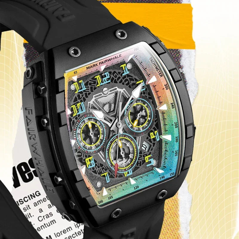 Motorsport-inspired luxury chronograph watch with bold black case, skeleton dial, and colorful accents.