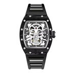 Luxury skeleton watch with black case, skull motif dial, and motorsport-inspired design