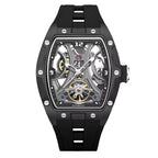 Skeleton dial automatic watch with black tonneau case, exposed gears, and sporty rubber strap
