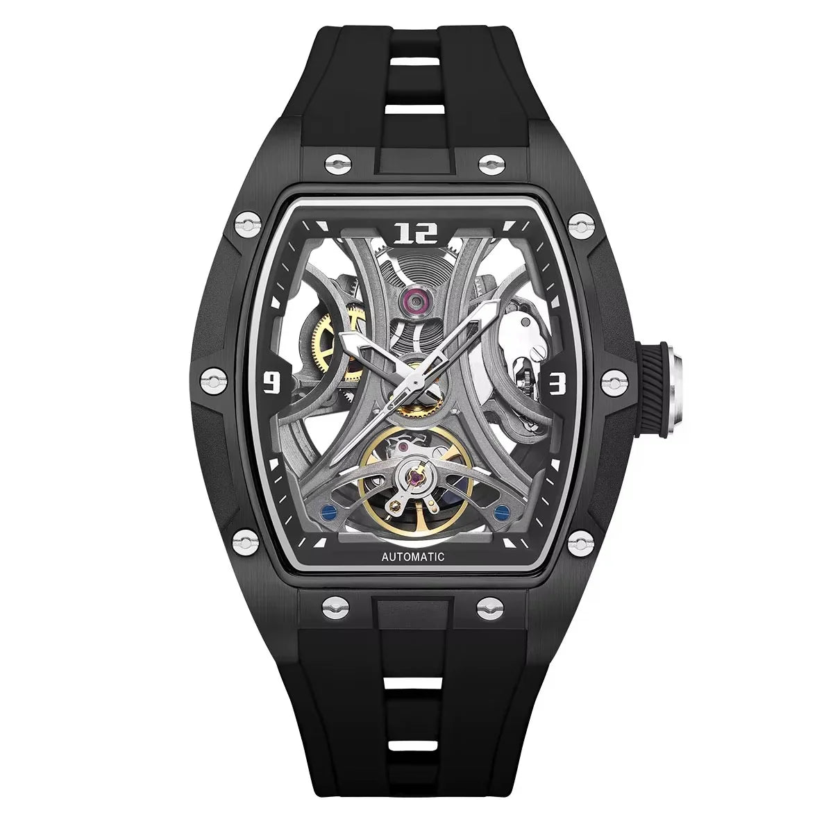 Skeleton dial automatic watch with black tonneau case, exposed gears, and sporty rubber strap