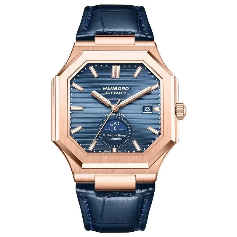 Luxury octagonal rose gold watch with blue dial, day-date display, and blue leather strap