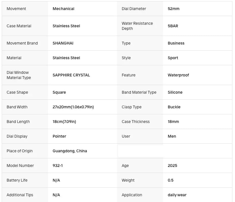 Mechanical men’s sport watch specs table: stainless steel, sapphire crystal, waterproof, square case, silicone band, 52mm dial, 5BAR water resistance.