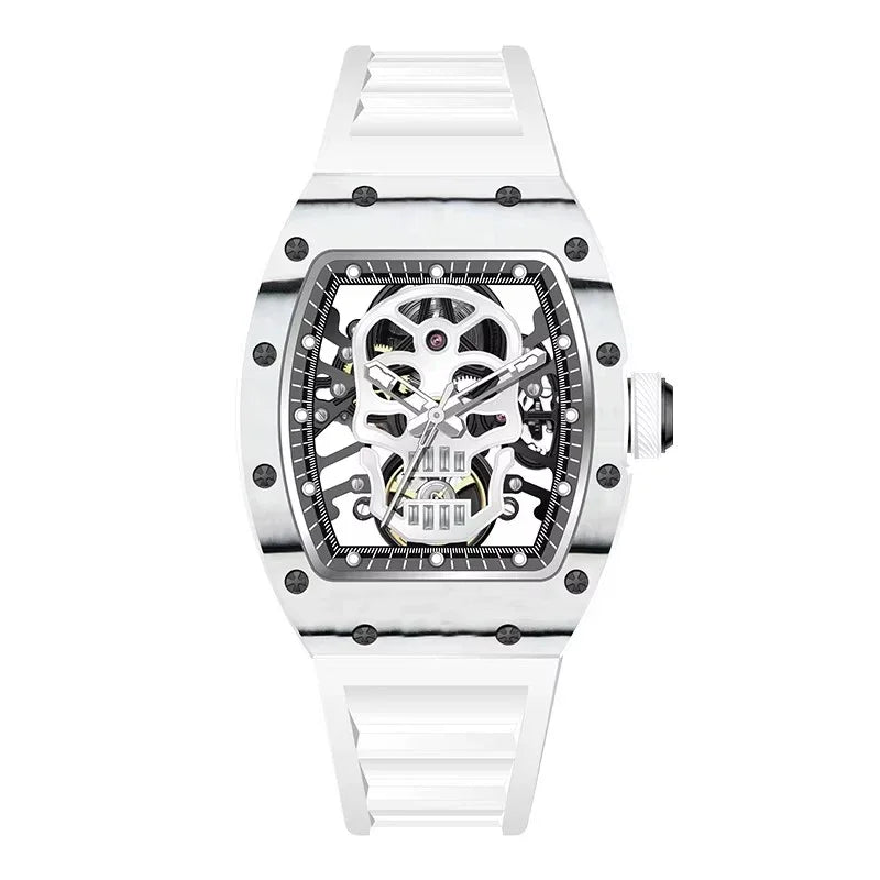 White tonneau-shaped skeleton watch with skull motif, inspired by motorsport and luxury design