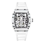 White tonneau-shaped skeleton watch with skull motif, inspired by motorsport and luxury design