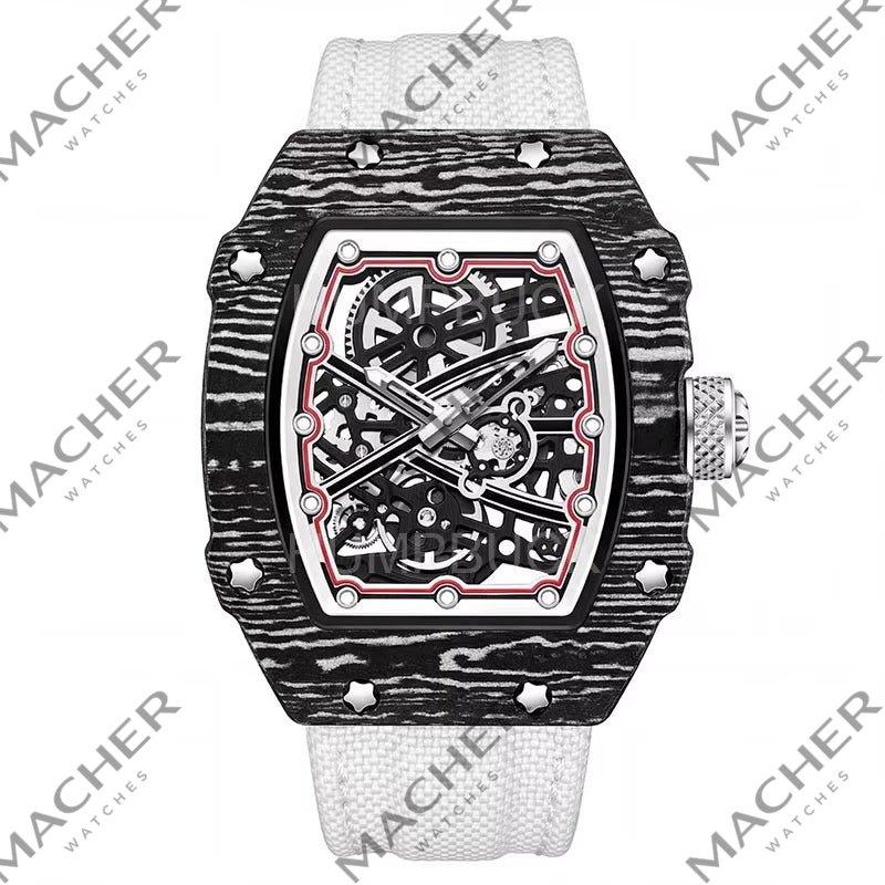 Carbon fiber case skeleton watch with white strap, motorsport-inspired luxury timepiece for bold style