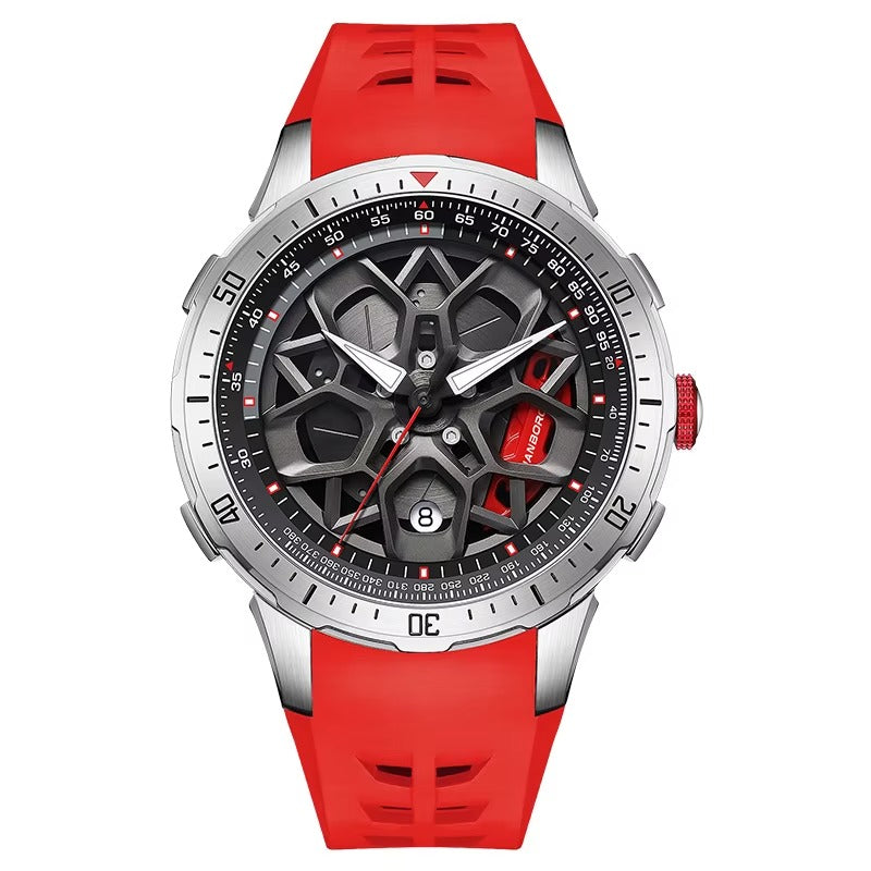 Motorsport-inspired skeleton watch with silver case, bold red silicone strap, and sport-luxury design