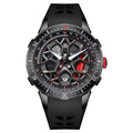 Racing-inspired skeleton dial sports watch with black case, red crown, and black rubber strap