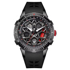 Racing-inspired skeleton dial sports watch with black case, red crown, and black rubber strap
