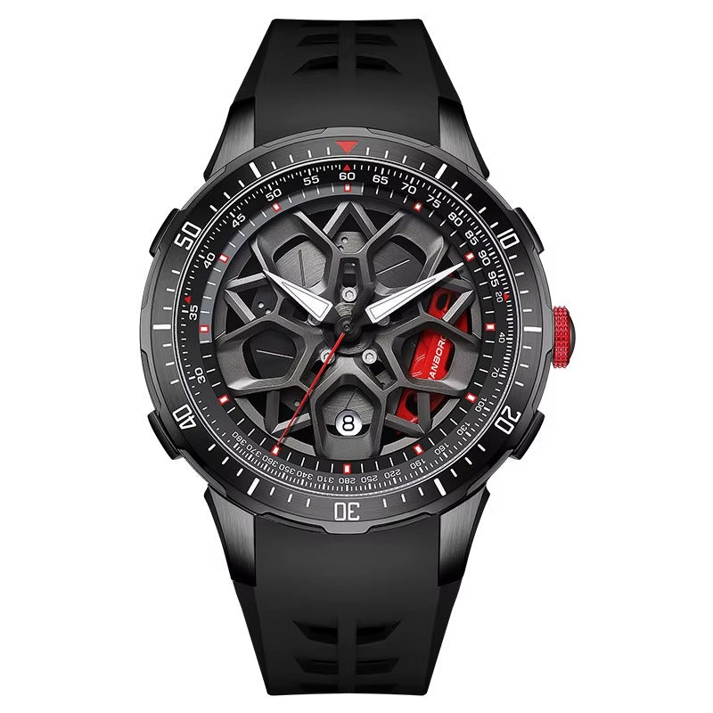 Racing-inspired skeleton dial sports watch with black case, red crown, and black rubber strap