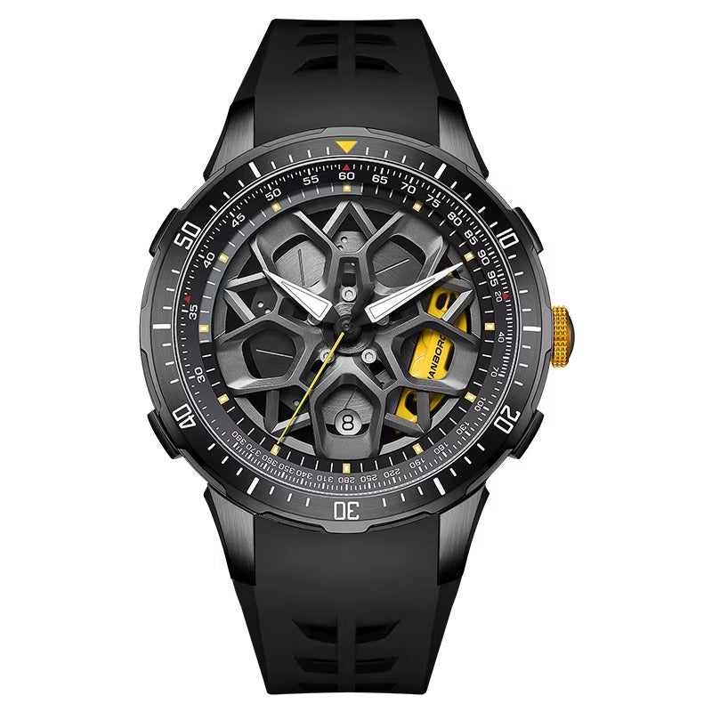 Motorsport-inspired luxury watch with skeleton dial, bold black case, and yellow accents