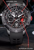Motorsport-inspired luxury watch with carwheel dial, skeleton case, and supercar caliper accents.