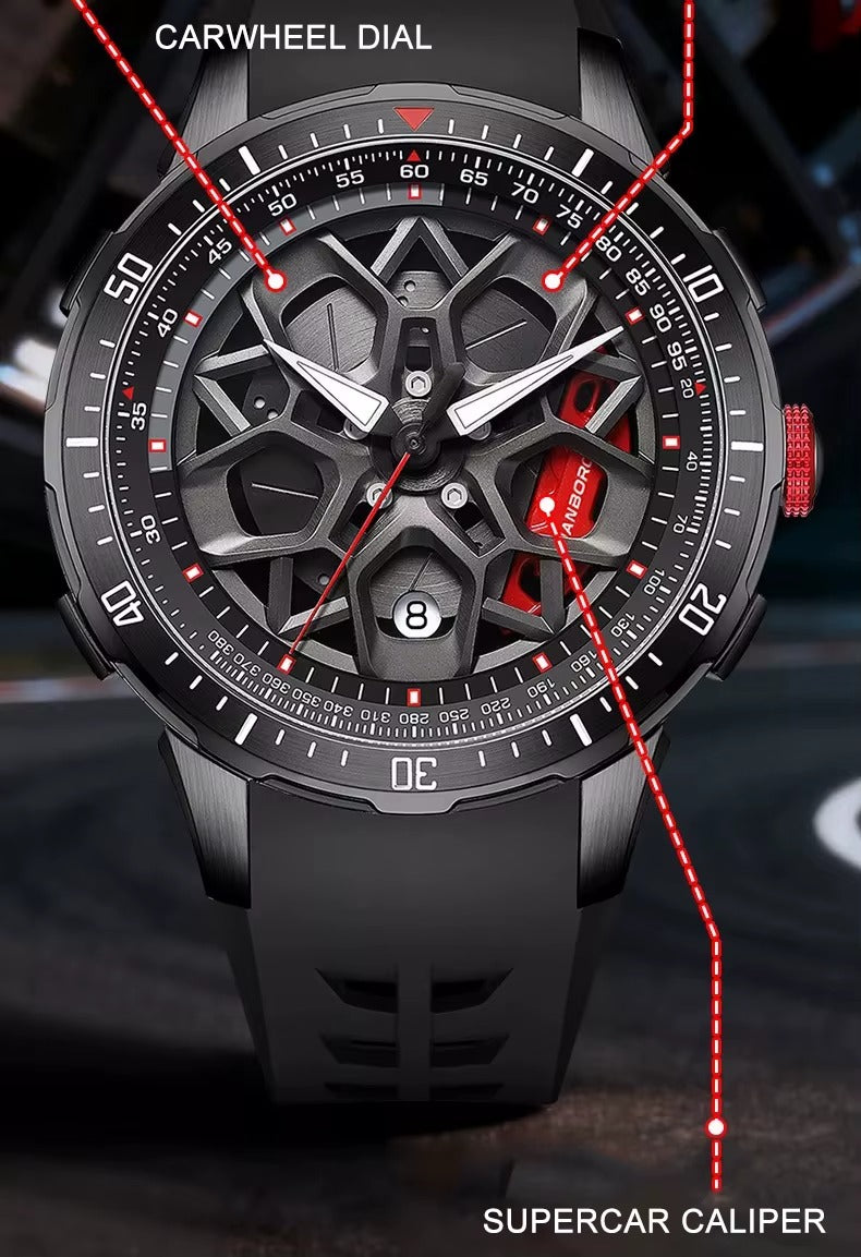 Motorsport-inspired luxury watch with carwheel dial, skeleton case, and supercar caliper accents.