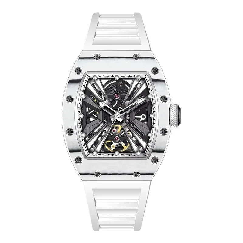 Luxury racing-inspired skeleton watch with silver case, exposed mechanics, and white metal strap