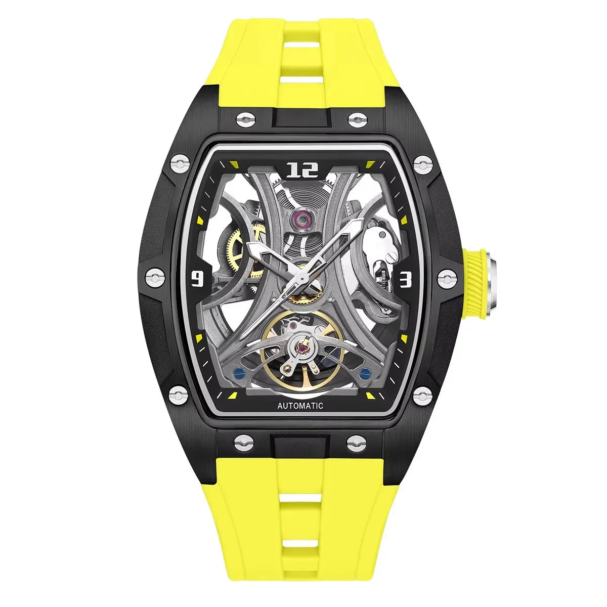 Skeleton dial automatic sport watch with black case and bold yellow strap, motorsport inspired design.
