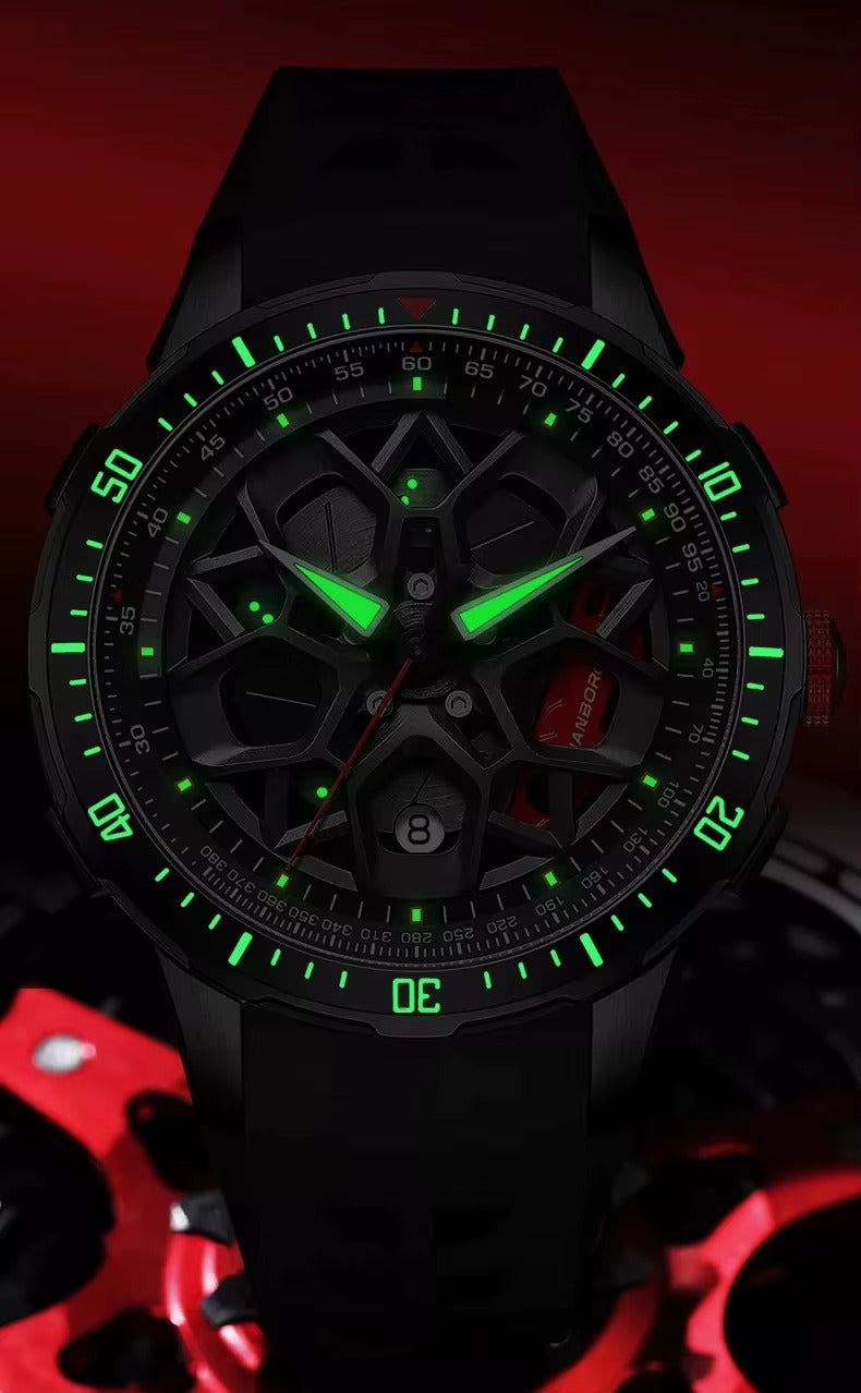 Motorsport-inspired skeleton dial watch with green luminous markers and bold, sporty design