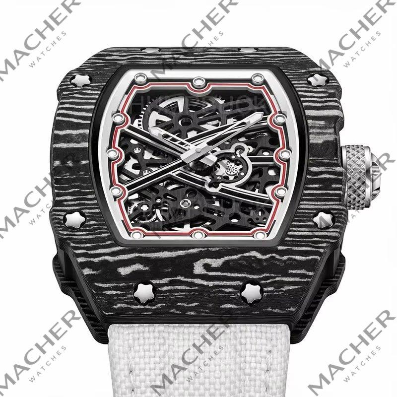 Carbon fiber case skeleton watch with racing-inspired design, bold sport-luxury style, white strap